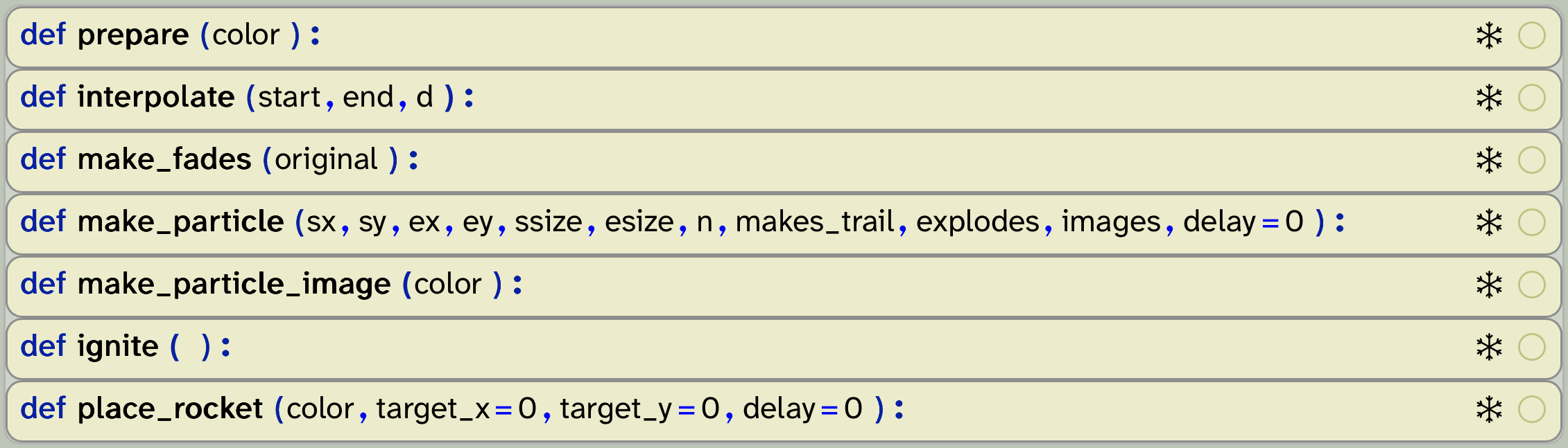 Seven function definition frames in the imported code section: prepare with parameter color; interpolate with start, end and d; make_fades with original; make_particle with sx, sy, ex, ey, ssize, esize, n, makes_trail, explodes, images and delay defaulting to 0; make_particle_image with color; ignite with no parameters; and place_rocket with color, target_x, target_y and delay, the last three defaulting to 0