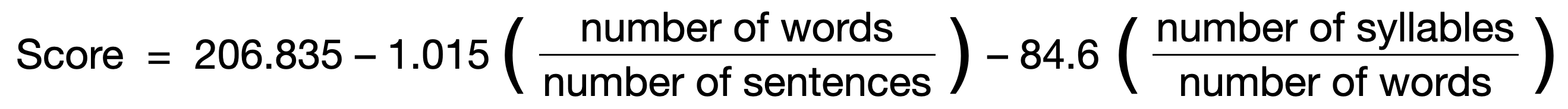 Score equals 206.835, minus 1.015 times the number of words divided by the number of sentences, minus 84.6 times the number of syllables divided by the number of words
